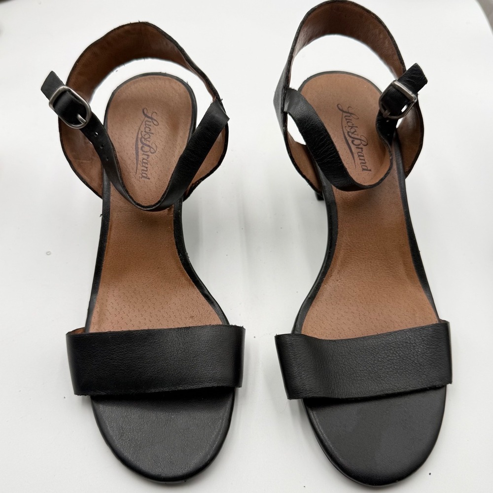 Lucky Brand Peppe Black Leather Block Heel Ankle Strap Sandals LK-PEPPE Size 7M
